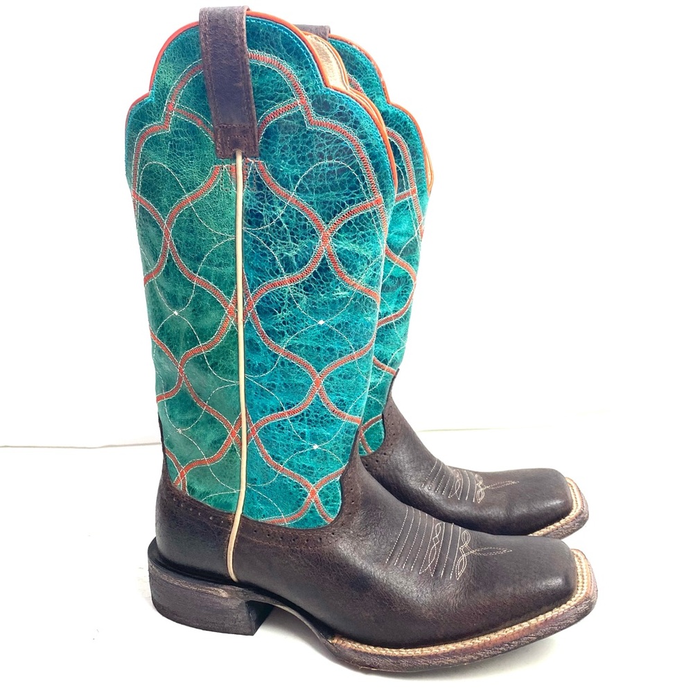 Ariat Big City Square Toe Turquoise & Brown Cowgirl Boots Size 6.5